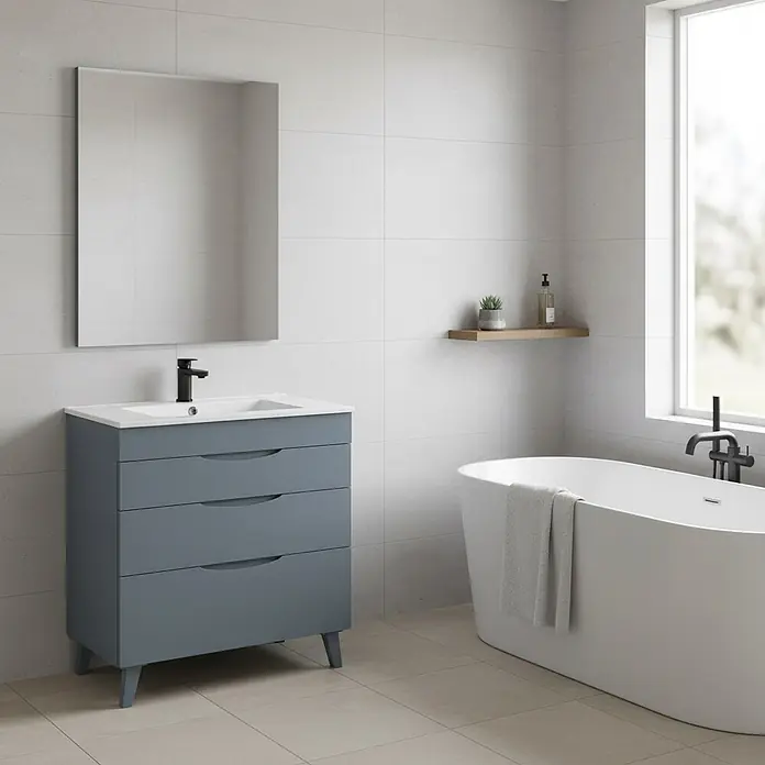Conjunto de mueble de baño Turia - Azul, 3 pzs. - Mueble de baño moderno azul grisáceo con lavabo y espejo, junto a una bañera blanca exenta.