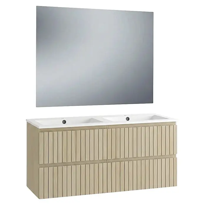 Conjunto de mueble de baño - Roble boreal, 3 pzs. - Mueble de baño doble de madera clara con dos lavabos blancos y un espejo rectangular.