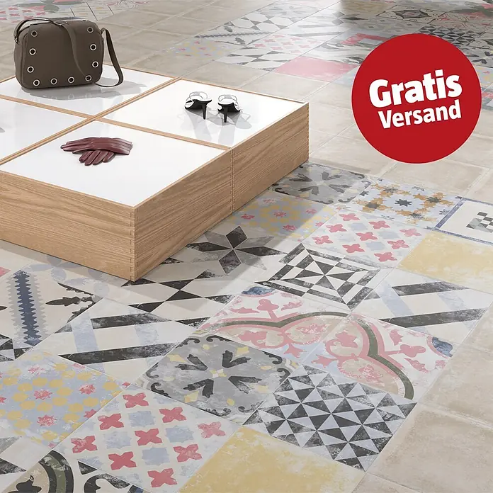 Feinsteinzeugfliese Vintage Heritage - 25 x 25 cm, Beige/Grün/Rot/Blau, Matt - Bunte Patchwork-Bodenfliesen mit verschiedenen Used-Mustern, die einen lebendigen, vielseitigen Boden bilden.