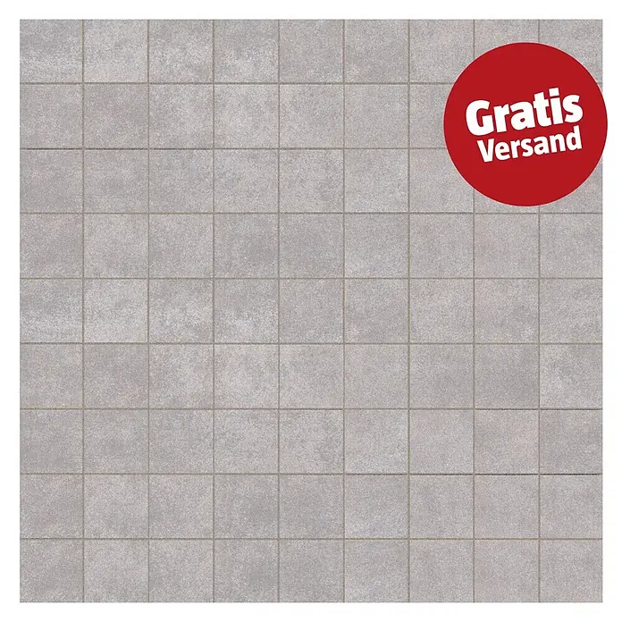 Ambiente by Palazzo Mosaikfliese - 30 x 30 cm, Grau, Matt - Quadratische graue Fliesen mit sichtbaren Fugen und einem roten 'Gratis Versand'-Aufkleber.