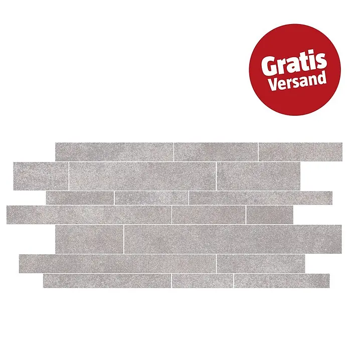 Ambiente by Palazzo Mosaikfliese Brick - 30 x 60 cm, Grau, Matt - Graue, strukturierte Fliesen im Ziegel-Look, versetzt angeordnet.