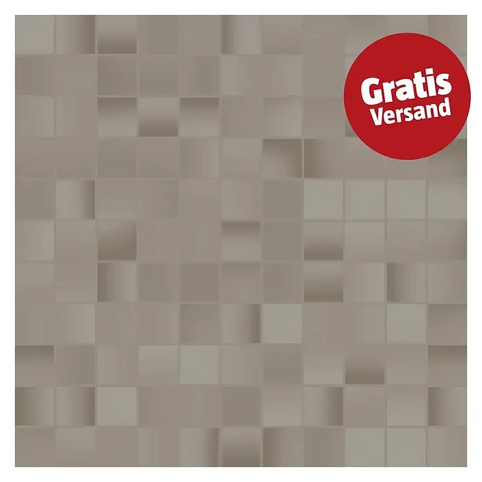 Decocer by Cinca Glow Mosaikfliese - 33 x 33 cm, Taupe, Glänzend - Hellbraune quadratische Fliesen mit unterschiedlicher Schattierung und Textur, mit einem roten kreisförmigen "Gratis Versand" Aufkleber oben rechts.