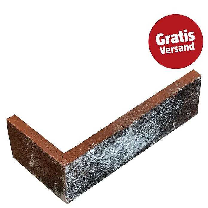Celina Klinker Verblendstein-Ecke Vintage Charleroi - 21,5 cm x 6,5 cm x 15 mm, Mehrfarbig, Steinoptik - L-förmiger, rotbrauner Ziegelwinkel mit strukturierter Oberfläche und weißen Ablagerungen.