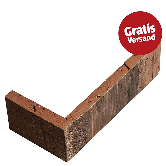 Celina Klinker Verblendstein-Ecke Wasserstrich Boston - 21,5 cm x 6,5 cm x 15 mm, Schwarz/Braun, Steinoptik - L-förmiger Ziegelstein in Rotbraun mit strukturierter Oberfläche.