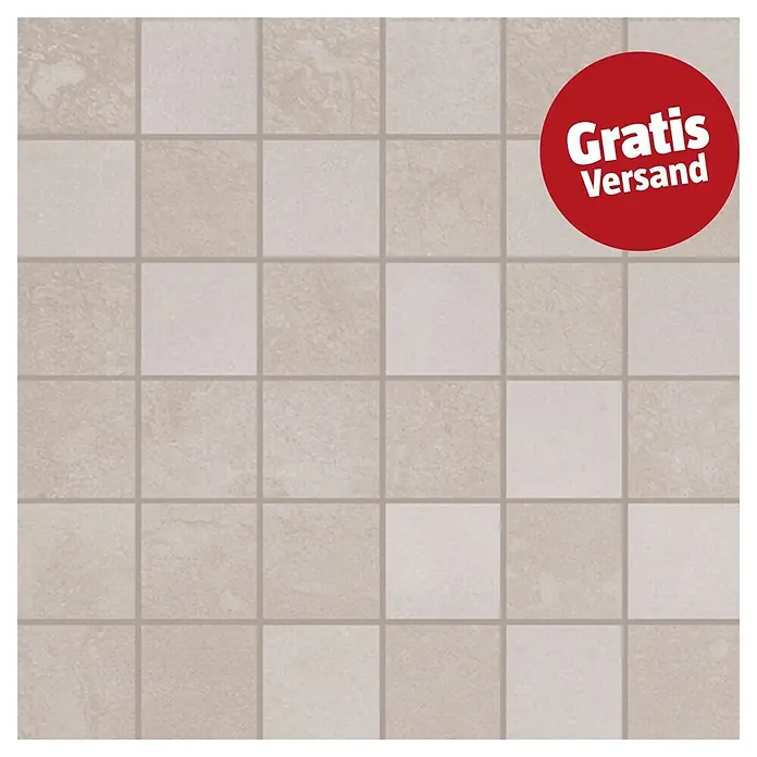 Mosaikfliese Metallo Bronzo - 30 x 30 cm, Beige, Matt - Helle beige quadratische Fliesen mit grauen Fugen. Ein roter Kreisaufkleber oben rechts mit 'Gratis Versand'.
