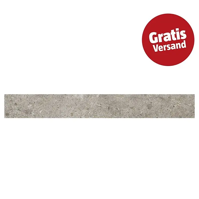 Sockelfliese Ikon - 7,5 x 60 cm, Taupe, Matt - Rechteckiger Streifen aus grauem, gesprenkeltem Stein oder Beton, mit einem roten „Gratis Versand“-Abzeichen.