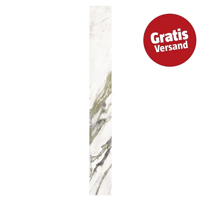 Sockelfliese Calacatta - 7 x 60 cm, Weiß/Grün, Glänzend - Weiße Fliese mit grünen und grauen Marmoradern und einem roten "Gratis Versand" Abzeichen.