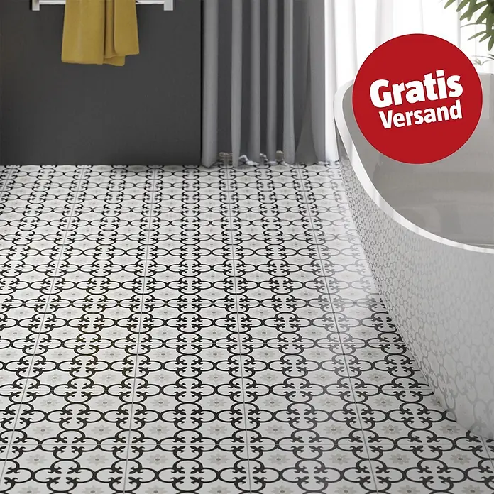 Feinsteinzeugfliese Dalia Black - 25 x 25 cm, Schwarz/Weiß, Matt - Gemusterte Badezimmerfliesen in Schwarz, Grau und Weiß, die ein klassisches Dekorationsdesign schaffen.