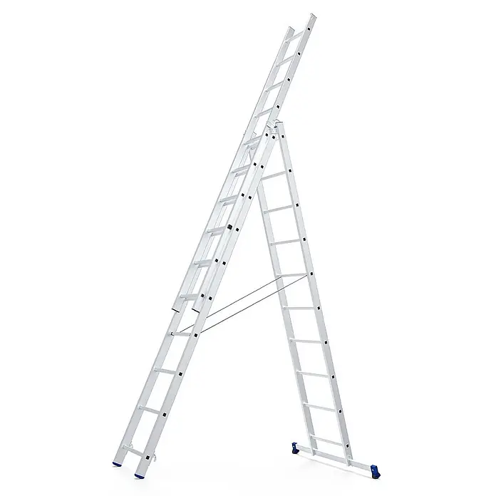 Werner Mehrzweckleiter Mehrzweckleiter 3x10 Sprossen - Anzahl Tritte: 10 Stk., Arbeitshöhe: 7.370 m, Aluminium - Silberne Aluminium-Teleskopleiter, als ausziehbare Stehleiter mit blauen Akzenten dargestellt.