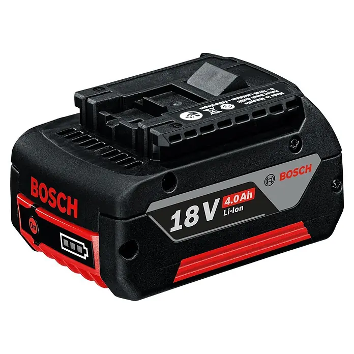 Bosch Professional AMPShare 18V Juego de máquinas - 18 V, 1 batería, 4 Ah, 6 pzs. - Batería Bosch 18V 4.0Ah Li-Ion negra con detalles rojos e indicador de carga.