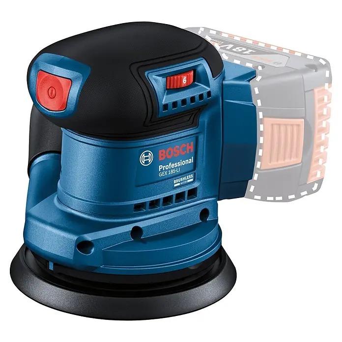 Bosch Professional AMPShare 18V Maschinen-Set Combo-Kit - 18 V, 1 Akku - Blauer und schwarzer Bosch Professional GEX 185-LI Akku-Exzenterschleifer mit roten Bedienelementen und bürstenlosem Motor.