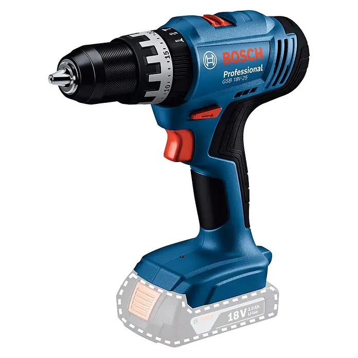 Bosch Professional AMPShare 18V Juego de máquinas - 18 V, 1 batería, 4 Ah, 6 pzs. - Taladro percutor sin cable Bosch GSB 18V-25 azul y negro con detalles rojos y batería Li-Ion de 18V 2.0Ah delineada.