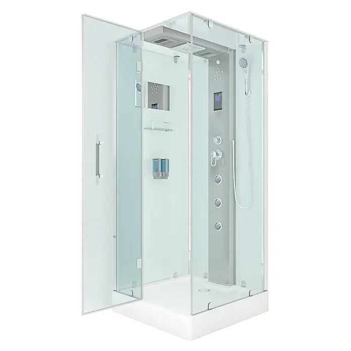 AcquaVapore Komplettdusche Dampfdusche D38-10L2 - 90 x 90 x 218 cm, Weiß - Moderne Duschkabine aus Glas, weiße Basis, Multi-Jet-Duschpaneel, Handbrause, digitaler Steuerung, Spiegel und Spendern.