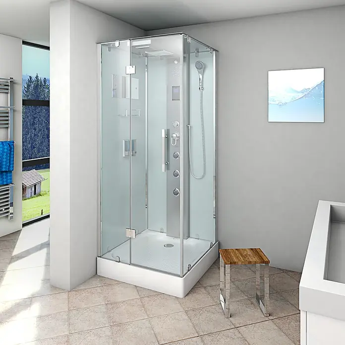 AcquaVapore Komplettdusche Dampfdusche D38-10L2 - 90 x 90 x 218 cm, Weiß - Moderne Eckduschkabine mit klaren und satinierten Glaspaneelen, weißer Wanne und Multi-Jet-System im Badezimmer.