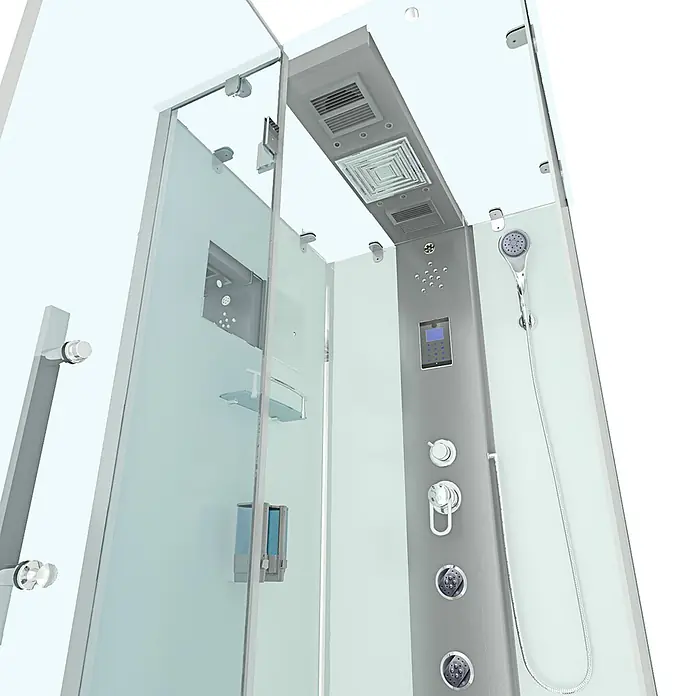 AcquaVapore Komplettdusche Dampfdusche D38-10L2 - 90 x 90 x 218 cm, Weiß - Moderne Duschkabine aus Glas mit grauem Bedienfeld, Handbrause und Massagedüsen.
