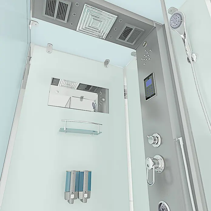 AcquaVapore Komplettdusche Dampfdusche D38-00R2-EC - 80 x 80 x 218 cm, Weiß - Moderner Duschkabinen-Innenraum mit grauem Bedienfeld, Handbrause, Regenbrause, Beleuchtung, Spiegel und Seifenspendern.