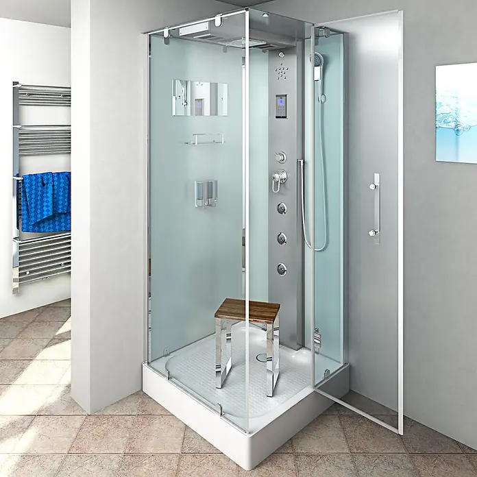 AcquaVapore Komplettdusche Dampfdusche D38-00R2-EC - 80 x 80 x 218 cm, Weiß - Moderne Eck-Dampfduschkabine mit Massagedüsen und Holzhocker darin.