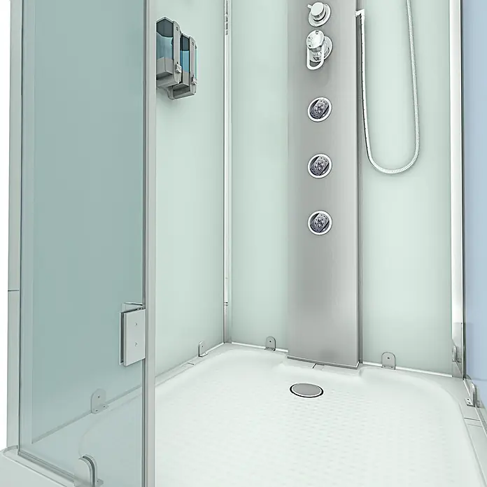 AcquaVapore Komplettdusche Dampfdusche D38-10L2 - 90 x 90 x 218 cm, Weiß - Moderne Duschkabine mit mattierten Glaswänden, weißer Wanne und Chrom-Multijet-Duschpaneel mit Seifenspendern.