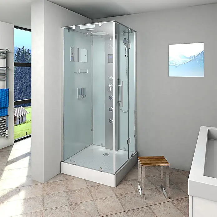 AcquaVapore Komplettdusche Dampfdusche D38-00R2 - 80 x 80 x 218 cm, Weiß - Moderne Glasduschkabine mit weißer Basis, Chromarmaturen und integriertem Duschsystem in hellem Bad mit Ausblick.