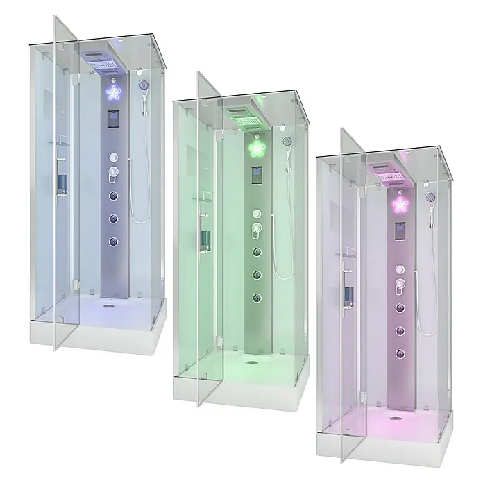 AcquaVapore Komplettdusche Dampfdusche D38-10L2 - 90 x 90 x 218 cm, Weiß - Drei moderne Glasduschkabinen mit Farbtherapie-Beleuchtung in Blau, Grün und Rosa.