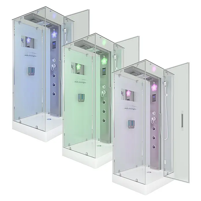 AcquaVapore Komplettdusche Dampfdusche D38-00R2-EC - 80 x 80 x 218 cm, Weiß - Drei moderne Glasduschkabinen mit weißem Sockel und integriertem Duschsystem, mit blauer, grüner und violetter LED-Beleuchtung.