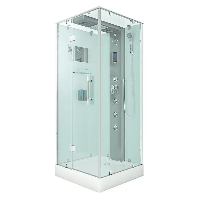 AcquaVapore Komplettdusche Dampfdusche D38-10L2 - 90 x 90 x 218 cm, Weiß - Moderne Dampfduschkabine mit klarem und mattiertem Glas, weißem Sockel und multifunktionalem grauen Bedienfeld.