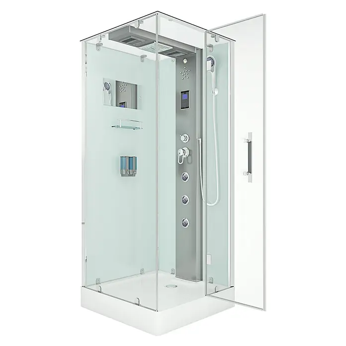 AcquaVapore Komplettdusche Dampfdusche D38-00R2-EC - 80 x 80 x 218 cm, Weiß - Moderne Multifunktions-Duschkabine mit Klarglaswänden, weißer Basis, grauem Bedienfeld, Kopf-, Hand- und Körperbrausen, Spiegel, Ablage, Spendern.