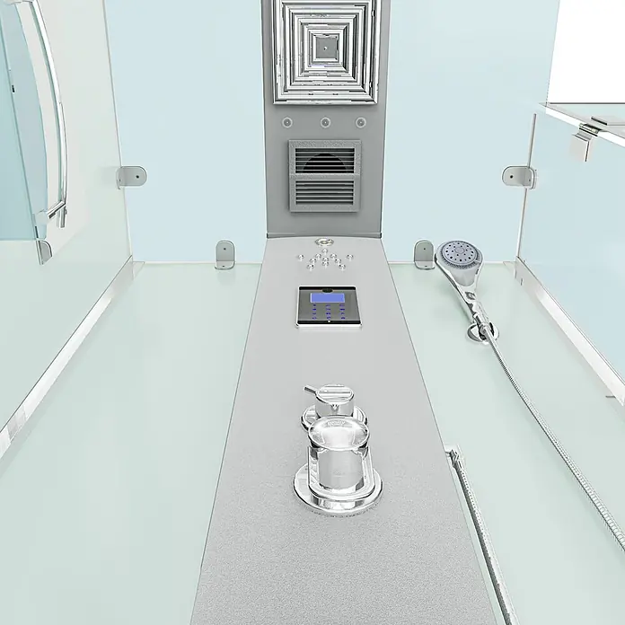 AcquaVapore Komplettdusche Dampfdusche D38-00R2-EC - 80 x 80 x 218 cm, Weiß - Innenansicht einer modernen Duschkabine mit zentralem Bedienfeld, Digitalanzeige, Chromarmaturen und Handbrause.