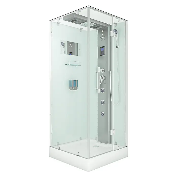 AcquaVapore Komplettdusche Dampfdusche D38-00R2-EC - 80 x 80 x 218 cm, Weiß - Moderne Glasduschkabine mit weißem Sockel, hellgrauem Innenpaneel mit Kopf-/Handbrausen, Massagedüsen, digitaler Steuerung, Spiegel und Seifenspendern.