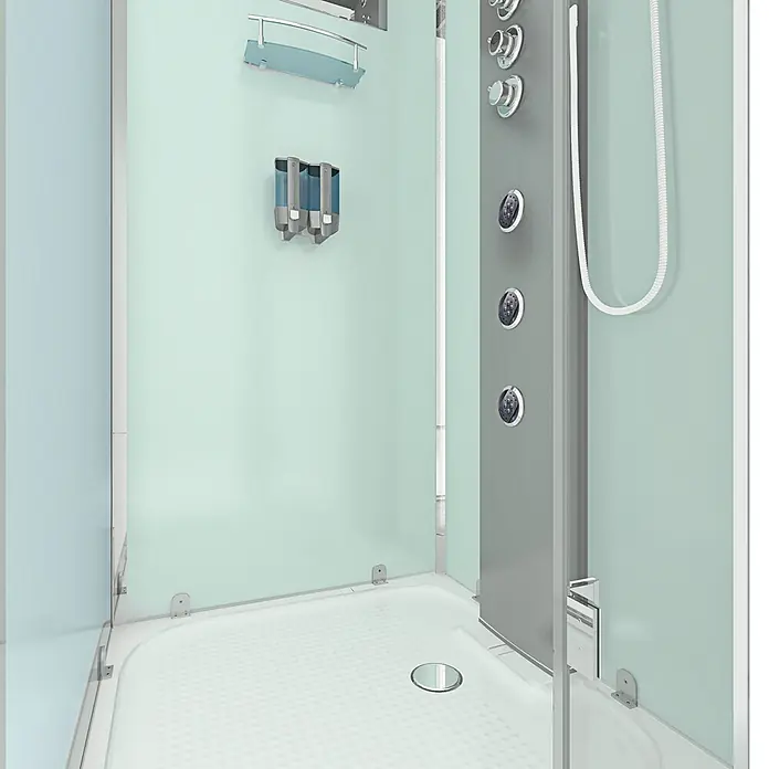 AcquaVapore Komplettdusche Dampfdusche D38-00R3-EC - 80 x 80 x 218 cm, Weiß - Moderne Duschkabine mit mattierten hellgrünen Wänden, weißer strukturierter Duschwanne, grauem Duschpaneel mit Düsen und Wandseifenspender.