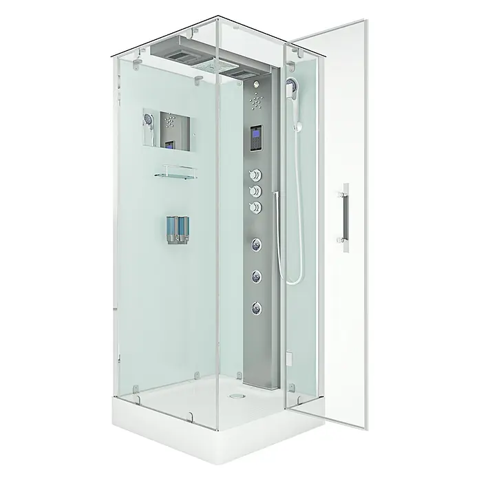 AcquaVapore Komplettdusche Dampfdusche D38-00R3-EC - 80 x 80 x 218 cm, Weiß - Moderne Glasduschkabine mit weißem Sockel, transluzenten Wänden, integriertem Bedienfeld und Kopf-/Handbrause.