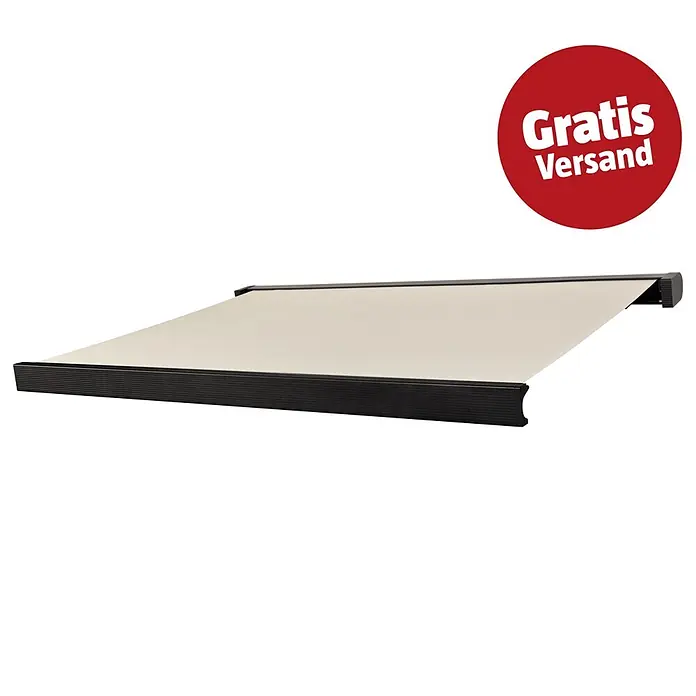 Sunfun Vollkassettenmarkise Crudo - Beige, Farbe Gestell: Anthrazit, Breite: 5 m, Ausfall: 3 m - Ausgefahrene Markise mit hellem beigefarbenem Stoff und schwarzem Gestell.