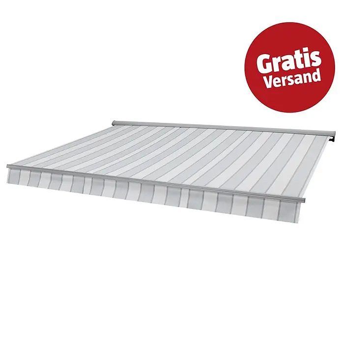 Sunfun Hülsenmarkise - Grau, Breite: 3 m, Ausfall: 2,5 m - Ausgefahrene hellgrau-weiße gestreifte Markise mit grauem Metallgestell.