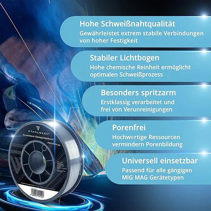 STAHLWERK Draht Schweißdraht MIG MAG Aluminium ER4043 AlSi5 Drahtrolle -  - Eine Rolle silberner Aluminium-Schweißdraht der Marke STAHLWERK mit Produktmerkmalen für MIG/MAG-Geräte.