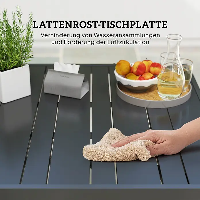Outsunny Gartentisch mit Schirmloch - Stahl, Rechteck, Schwarz - Dunkelgraue Lattenrost-Tischplatte, abgewischt, verhindert Wasseransammlungen und fördert die Luftzirkulation.