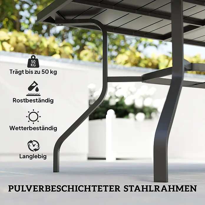 Outsunny Gartentisch mit Schirmloch - Stahl, Rechteck, Schwarz - Dunkelgrauer pulverbeschichteter Stahl-Tischrahmen, der eine Belastbarkeit von 50 kg, Wetter- und Rostbeständigkeit sowie Langlebigkeit hervorhebt.
