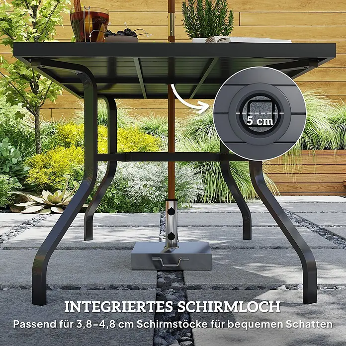 Outsunny Gartentisch mit Schirmloch - Stahl, Rechteck, Schwarz - Schwarzer Gartentisch mit integriertem 5 cm Schirmloch, passend für 3,8-4,8 cm Schirmstöcke.