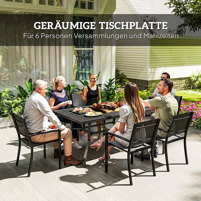 Outsunny Gartentisch mit Schirmloch - Stahl, Rechteck, Schwarz - Dunkles Outdoor-Essgarnitur mit großem Tisch und sechs Stühlen, von Personen bei einem Essen auf der Terrasse genutzt.