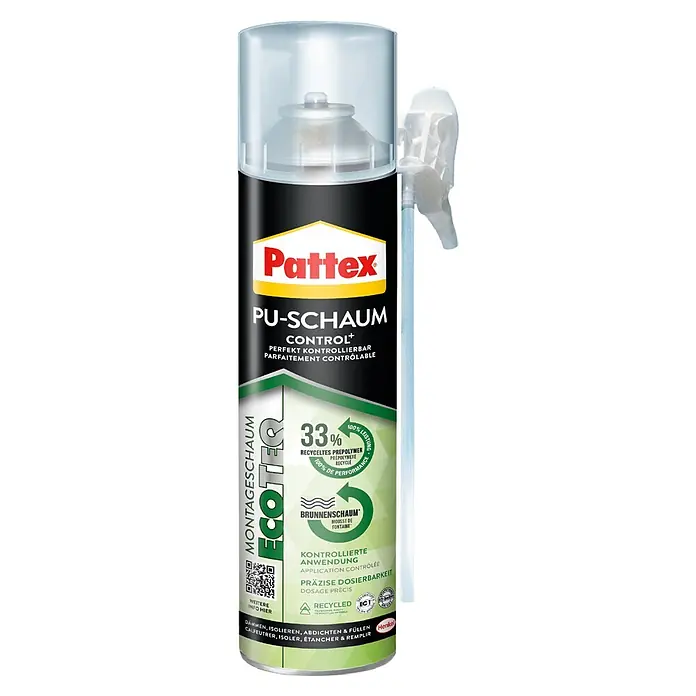 Pattex Montageschaum EcoTeq - 500 ml, 1K PU-Schaum - Pattex PU-Schaumdose mit Applikator. Schwarzes und grünes Etikett mit Hinweis auf recycelte Materialien und präzise Anwendung.