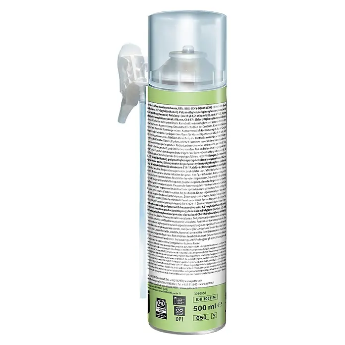 Pattex Montageschaum EcoTeq - 500 ml, 1K PU-Schaum - Helle Aerosoldose mit transparenter Kappe und Düse, versehen mit einem grünen Etikett mit Produktinformationen.