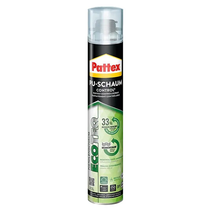 Pattex Pistolenschaum EcoTeq - 750 ml, 1K PU-Schaum - Schwarze Pattex PU-Schaumdose mit grün-weißem Etikett, "Control+" für präzise Anwendung & 33% Recyclinganteil.