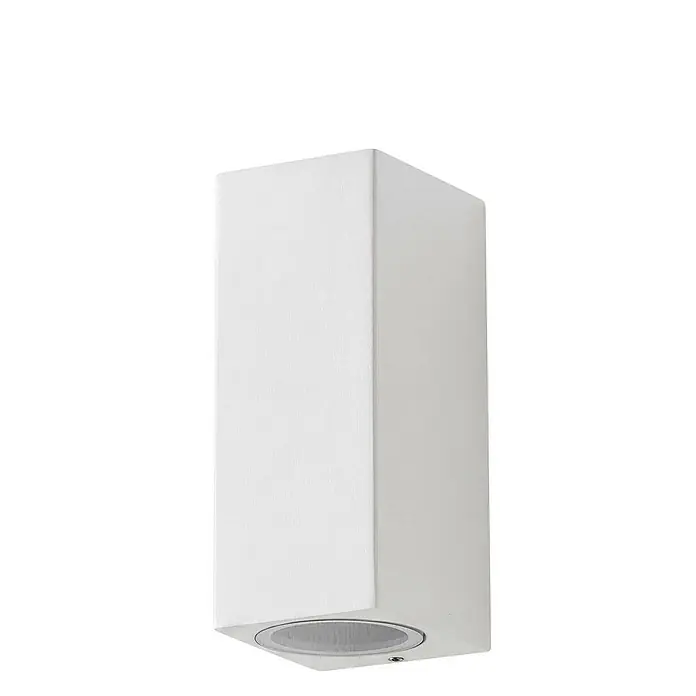Lucande Außenwandleuchte Xava - 8 x 7 x 16,5 cm, weiß / opal, IP65 - Weiße, rechteckige Wandleuchte mit strukturierter Oberfläche und sichtbarer Lichtquelle unten.