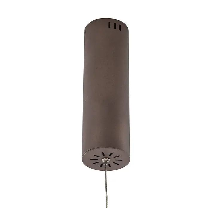 Lucande Pendelleuchte Melinay - L x B x H: 110 x 32 x 4,5 cm, braun / rost, kaffee - Dunkelbraune zylindrische Pendelleuchte mit Lüftungsschlitzen oben und sternförmigem Muster um das Kabel unten.