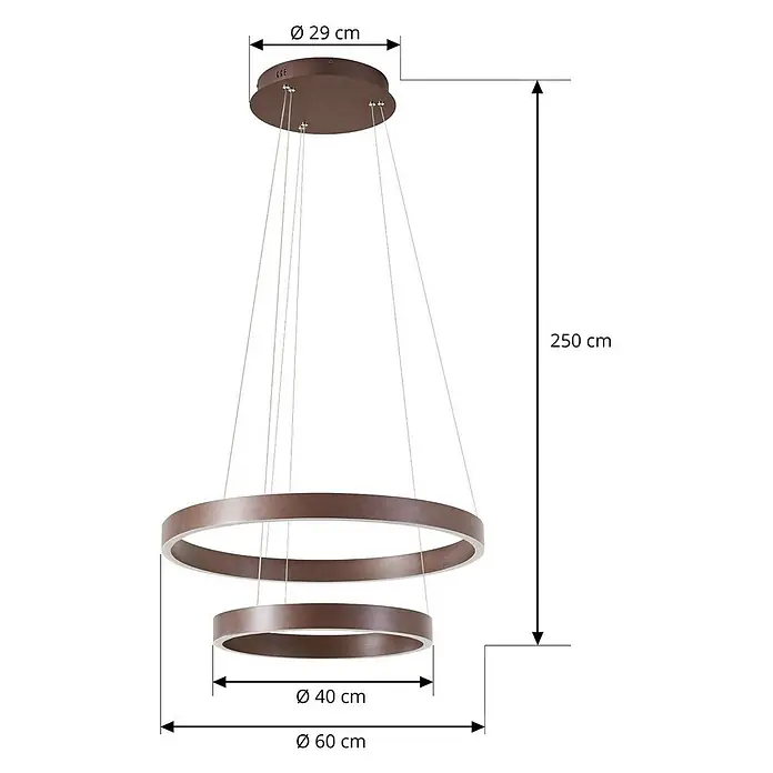 Lucande Pendelleuchte Yonam - L x B x H: 60 x 60 x 4,5 cm, braun / rost, kaffeebraun, weiß - Braune Deckenleuchte mit zwei hängenden Ringen (60cm und 40cm Durchmesser), Gesamthöhe 250cm.