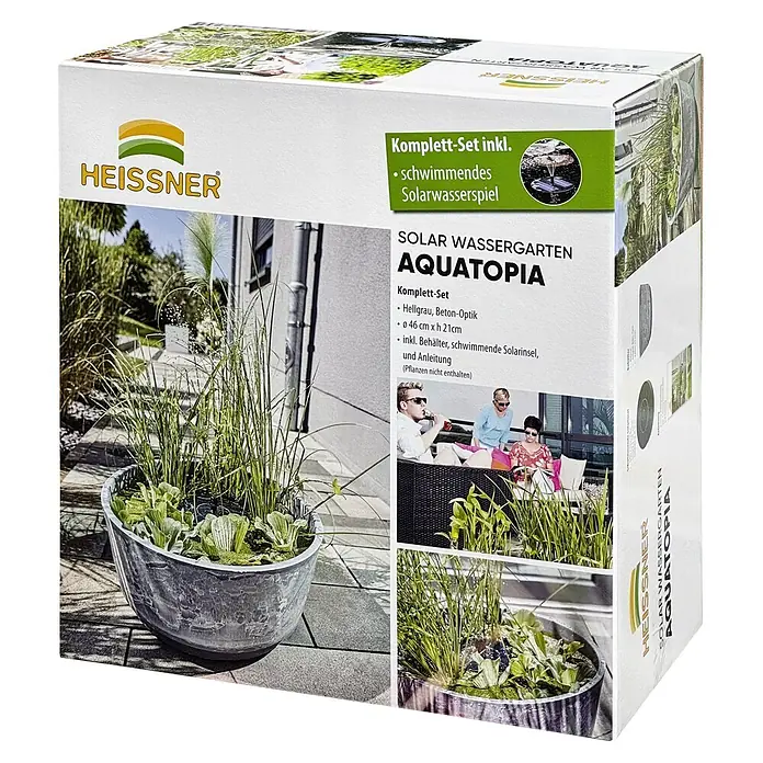 Heissner Zierbrunnen Solar Wassergarten Aquatopia - Hellgrau, Ø x H: 46 x 21 cm - Produktverpackung für ein HEISSNER AQUATOPIA Solar-Wassergarten Komplett-Set. Zeigt den grauen Behälter mit Beton-Optik, Pflanzen und eine schwimmende Solarfontäne.
