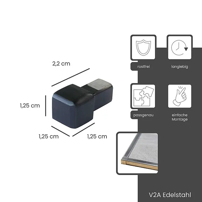 Dalsys Quadroprofil 12,5mm Endstück Quadratprofil Edelstahl Schwarz gebürstet - Edelstahl, Schwarz - Dunkles Eckverbindungsstück für V2A Edelstahlprofile, Maße 2,2 x 1,25 x 1,25 cm.