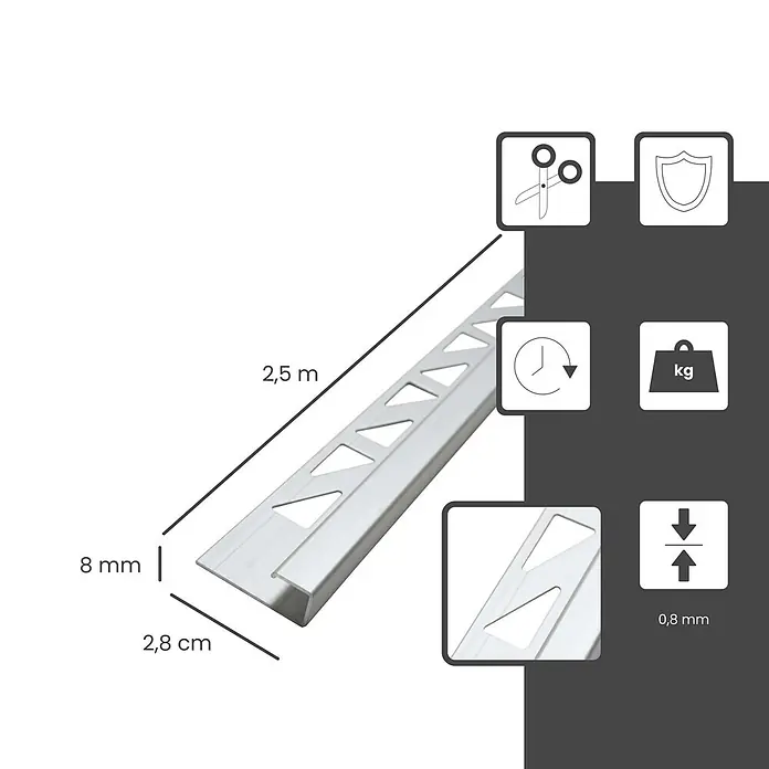 Dalsys Fliesenprofil 2,5m Fliesenschiene 8mm Eckprofil Aluminium Chrom - Aluminium, Silber, 250 x 8 cm - Silbernes Metallfliesenprofil, 2,5 m lang, 8 mm hoch, 2,8 cm breit, 0,8 mm dick. Robust und leicht schneidbar für Fliesenabschluss.