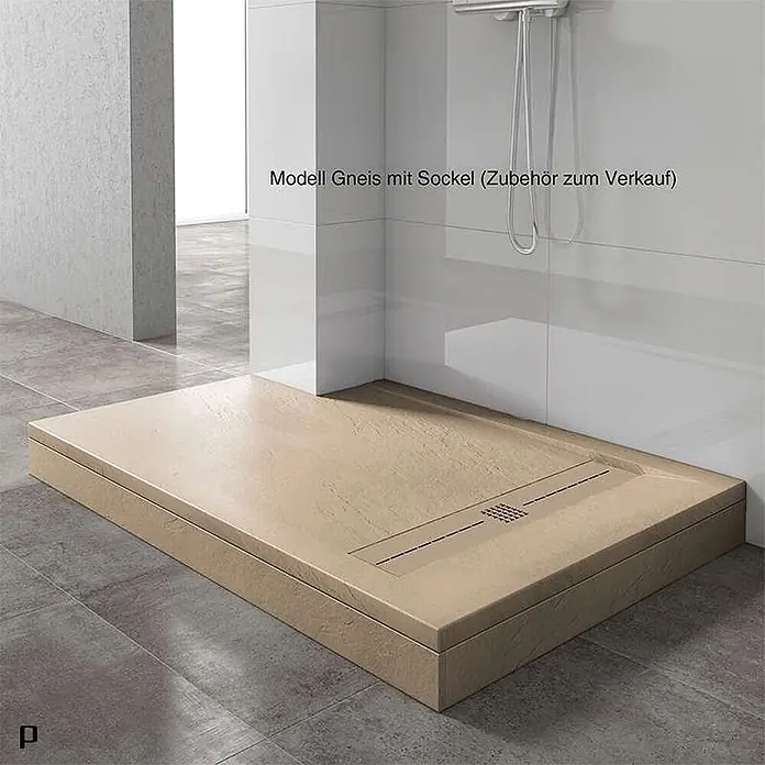 Poalgi Duschwanne Gneis - L x B: 120 x 80 cm, Verbundwerkstoff, Beige - Beige Duschwanne Modell Gneis mit Sockel in gefliester Dusche, mit linearem Abfluss.