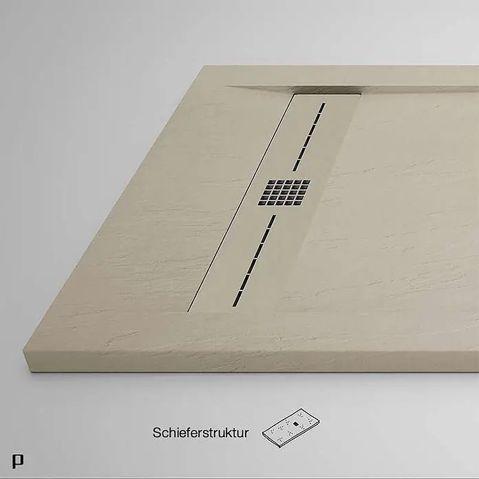 Poalgi Duschwanne Gneis - L x B: 120 x 80 cm, Verbundwerkstoff, Beige - Hellebeige Duschwanne mit Schieferstruktur und integriertem Linienablauf mit zentralem Gitter.