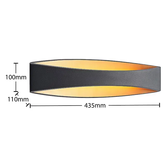 Arcchio Wandleuchte Jelle - schwarz, schwarz - Anthrazitfarbene geschwungene Wandleuchte mit goldener Innenseite. L: 435mm, H: 100mm, T: 110mm.